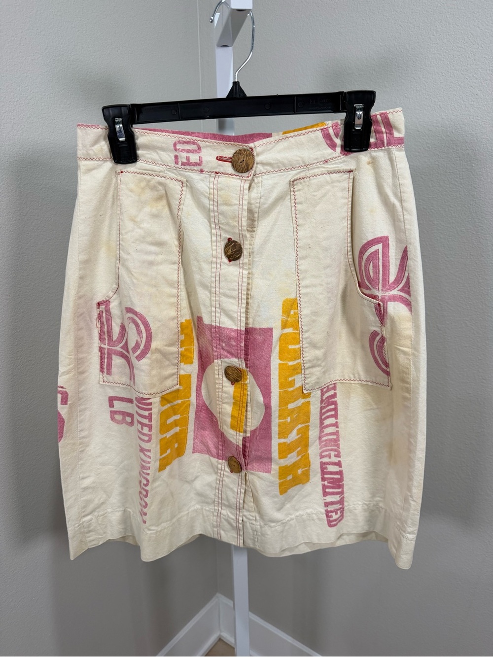 Vintage Flour/Feed Sack Upcycled Button-Front Skirt - Graphic Print